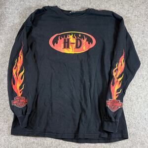 VTG Y2K Harley Davidson Racing Shirt Mens Black Flame Graphic Long Sleeve Large